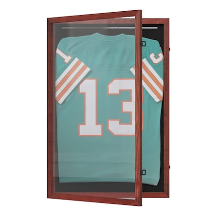 Flash Furniture Banks 24x36 Jersey Display Case with Solid Pine Wood Frame, UV Treated Acrylic Window, Velvet Backing Board, and Anti-Theft Lock in Mahogany HMHD-23M099YBN-MHG-2436-GG